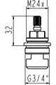Keramisches Ventiloberteil von Ideal Standard mit M24-Anschluss und G3/4-Anschluss, dargestellt in technischer Zeichnung. Maße und Ausrichtung gut erkennbar.